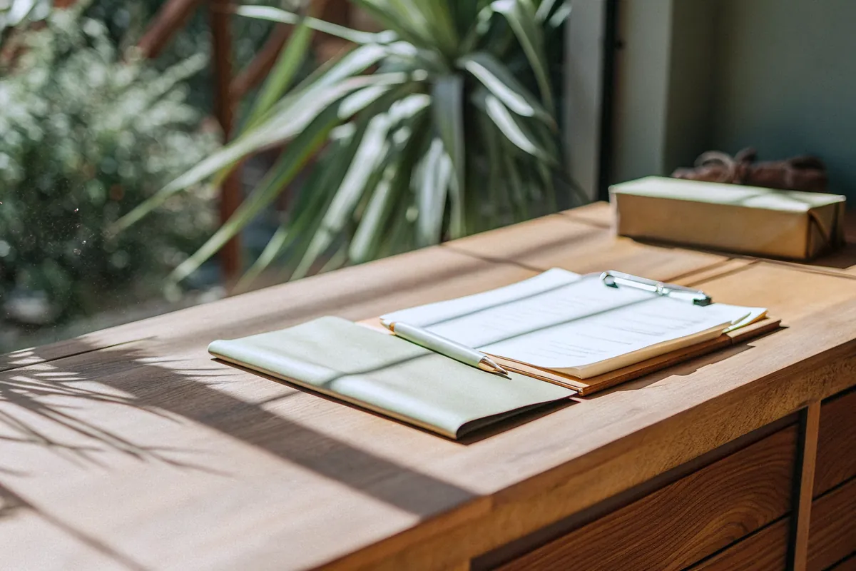 A clipboard with printed pages and a pen on a wooden desk