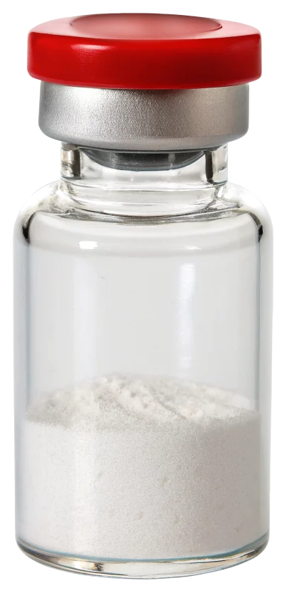 An unlabeled glass vial with a red cap